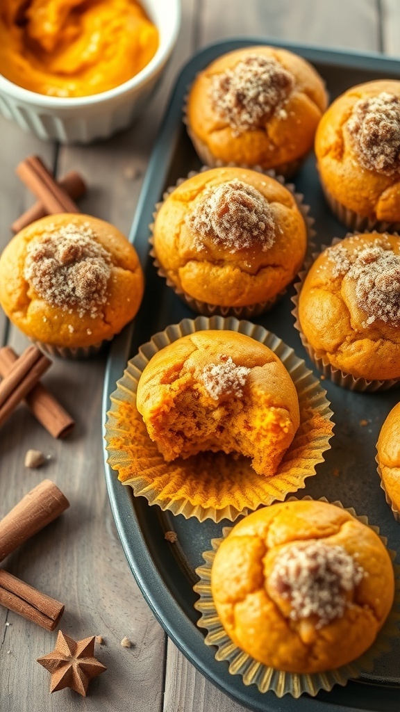 Freshly baked pumpkin spice muffins on a wooden table, with a bowl of pumpkin puree and spices.